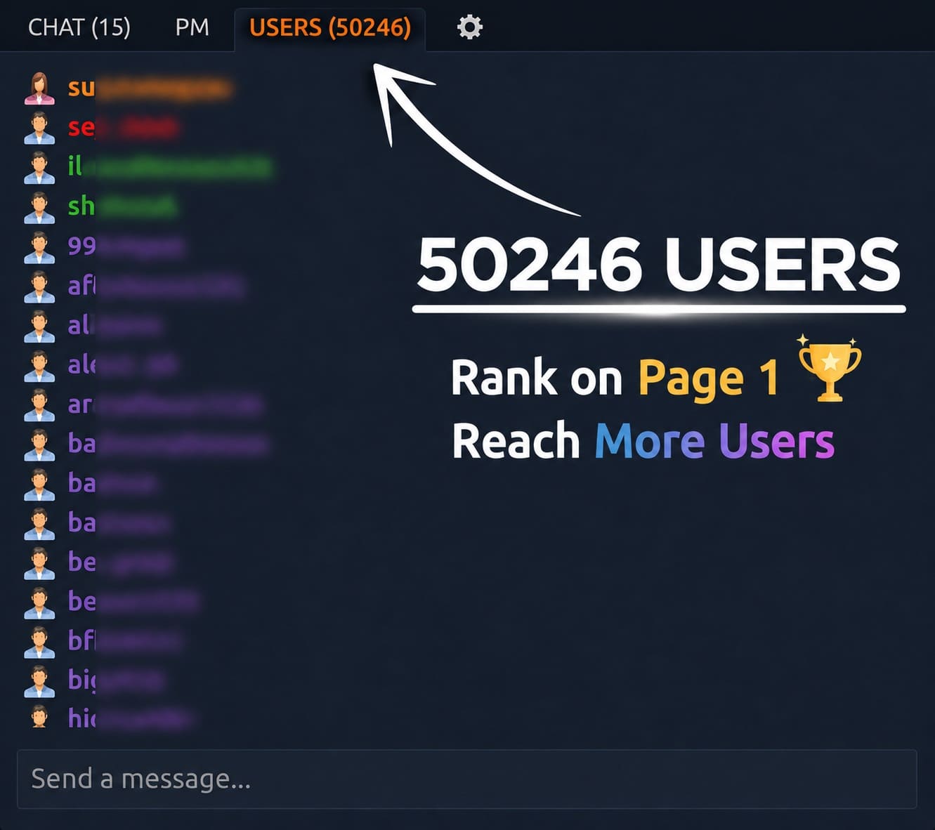Chaturbate users panel showing 50246 users, ranking on page 1 — proof of traffic delivery